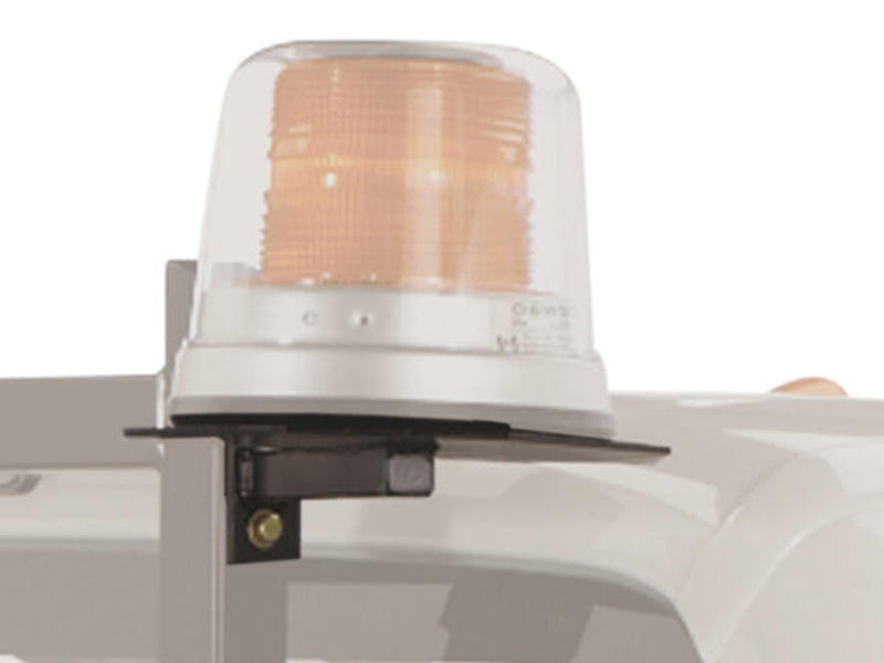 BackRack Light Brackets: A black bracket carries a clear beacon light on a ghosted headache rack upright