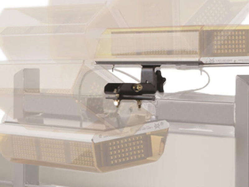 BackRack Light Brackets: A black swivel bracket is shown tilting a light bar through several positions over a ghosted rack
