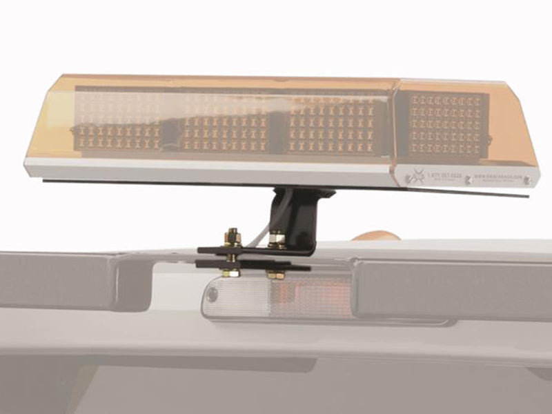 BackRack Light Brackets: black light bar bracket supporting an amber light bar above a rack, with the truck faded to gray