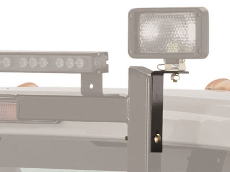 BackRack Light Brackets: black work light bracket on a rack upright holding a square work light, with the truck faded to gray