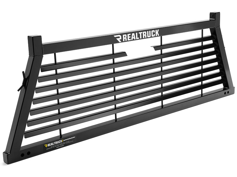 BackRack Louvered: A black louvered headache rack with horizontal steel louvers is shown on white