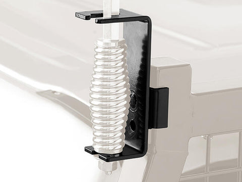 BackRack Mining Whip Bracket: A black mining whip bracket holds a spring whip base on a ghosted headache rack
