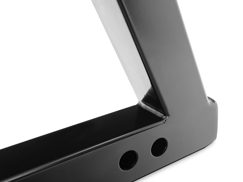 BackRack Open: close view of the welded base corner of a black headache rack