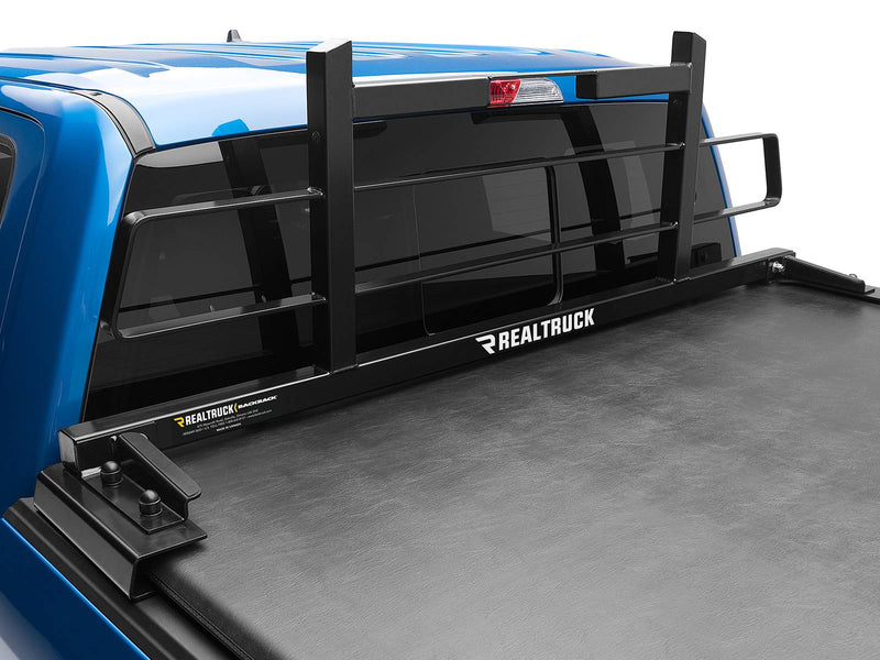 BackRack Original: black Original headache rack mounted behind the cab of a blue pickup over a black soft tonneau cover