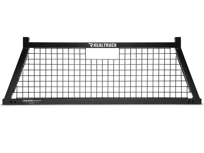 BackRack Safety: black Safety headache rack with a welded wire mesh screen and a center light cut-out, shown straight on against a white background