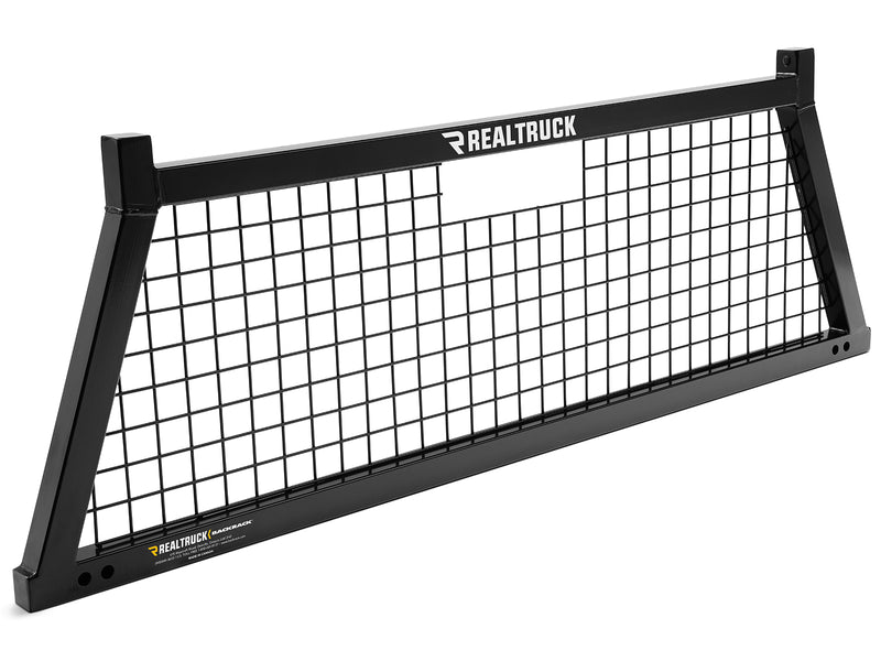 BackRack Safety: black Safety headache rack with a welded wire mesh screen, shown at an angle against a white background