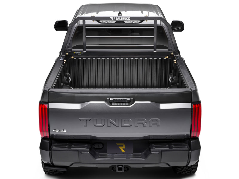 BackRack SR: rear view of a gray Toyota Tundra with the tailgate up showing a black SR headache rack at the front of the bed