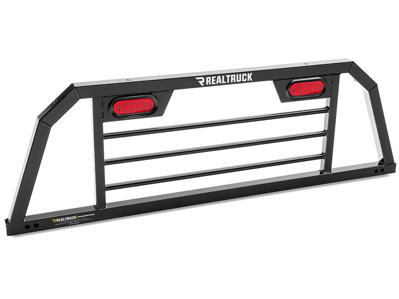 BackRack SRL: A black steel headache rack with three horizontal bars and two red oval lights set into the top corners, shown alone on a white background