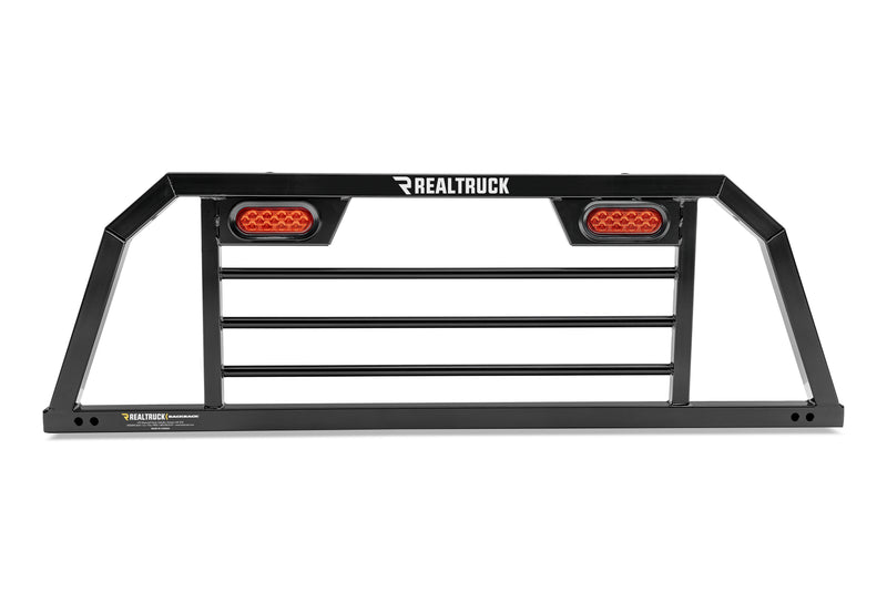 BackRack SRL: black SRL headache rack with two integrated amber oval LED lights and horizontal bars, shown straight on against a white background