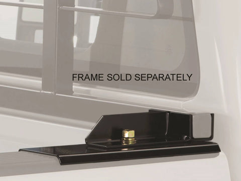 BackRack Standard: black standard mounting bracket on a bed rail, with the rack frame ghosted and a frame sold separately caption