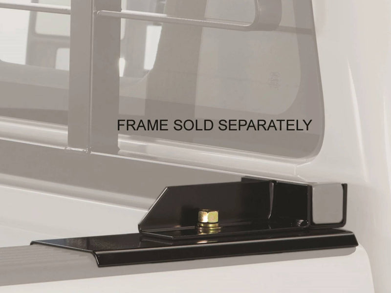 BackRack Standard: black standard mounting bracket on a bed rail, with the rack frame ghosted and a frame sold separately caption