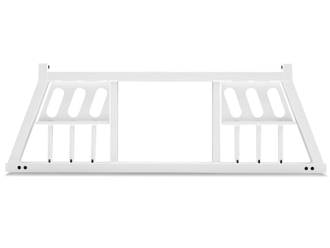BackRack Three Light Headache Rack: front view of the white powder coat rack with three oval light cut-outs in each side panel and an open center, on a white background