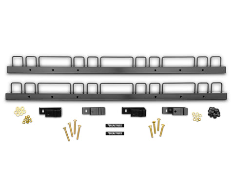 BackRack Tool Holder: two black tool holder bars with wire loops, four mounting brackets and brass hardware laid out on a white background