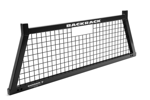 BackRack Utility Body Safety: A black steel headache rack with a welded wire mesh screen and BACKRACK lettering on the top bar, shown on a white background