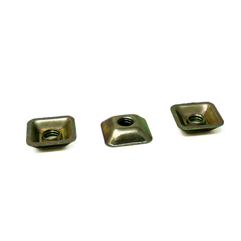 Close-up of the Baja Designs 3/8" Tamperproof Security Hardware Kit: three square threaded clip nuts on a white background
