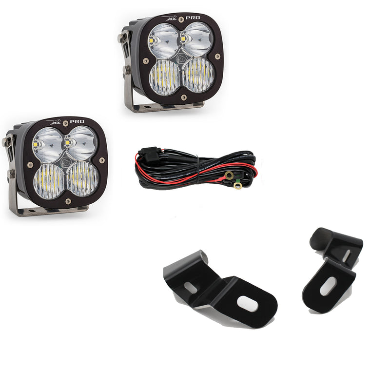 Baja Designs XL Pro A-Pillar Light Kit, complete kit on a studio background: two XL Pro pods with clear lenses, wiring harness and two A-pillar brackets