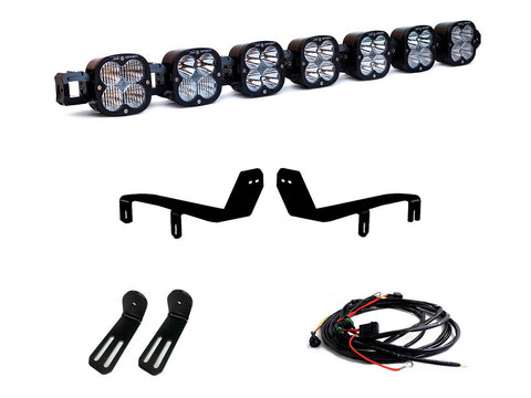 Baja Designs XL Linkable Bumper Light Kit, complete kit on a studio background: A seven-pod XL Linkable light bar kit on white