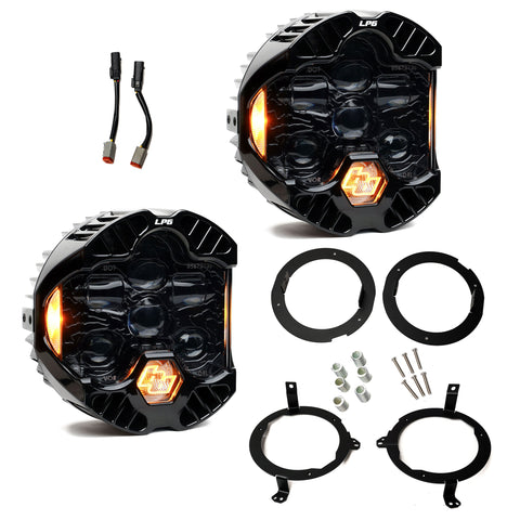 Baja Designs DOT LP6 LED Headlight Kit, complete kit on a studio background: A pair of LP6 LED headlights