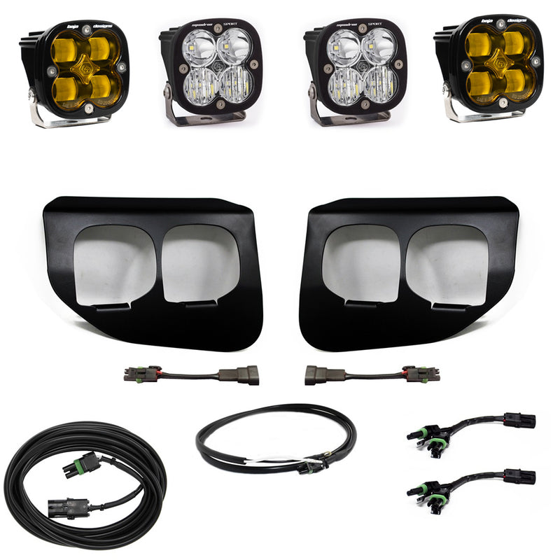 Baja Designs Squadron SAE/Sport Fog Pocket Light Kit with upfitter harness, complete kit: two Baja Amber Squadron SAE fog lights, two clear Squadron Sport pods, fog pocket bezels and harnesses