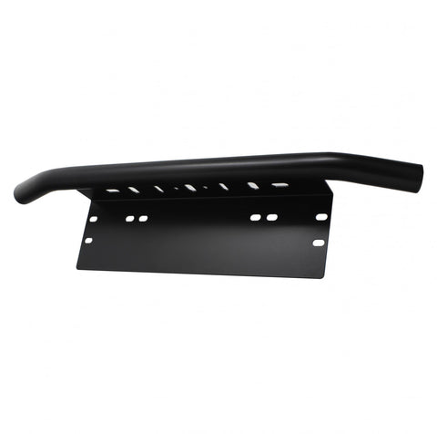 Baja Designs License Plate Mount, whole product on a studio background: A black steel license plate mount with a tubular top bar and rows of mounting holes on a white background