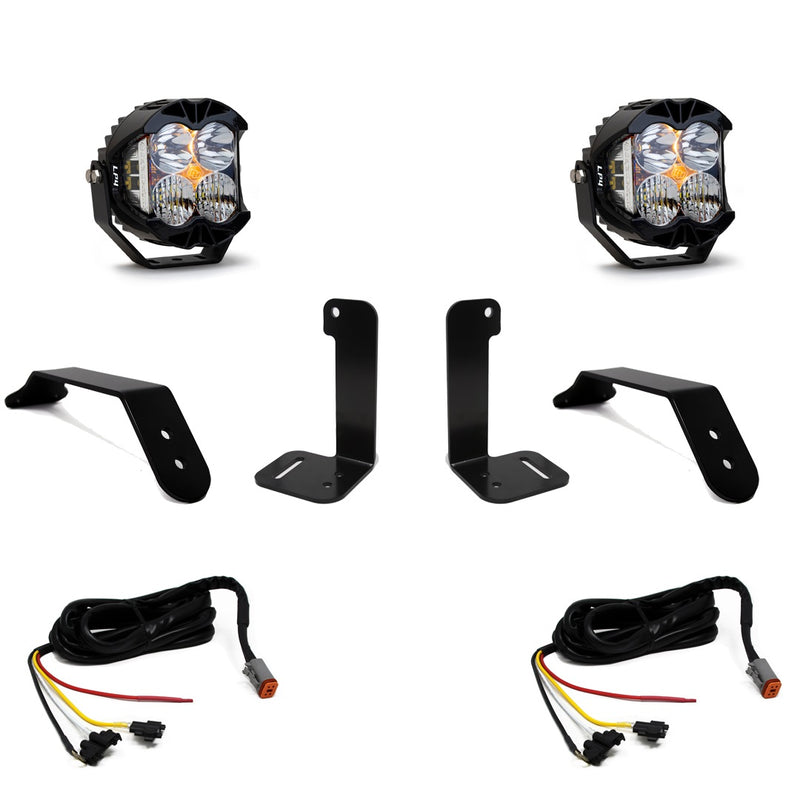 Baja Designs LP4 Pro Bumper Light Kit, complete kit on a studio background: A pair of LP4 Pro lights on white with four bumper brackets and two wiring harnesses