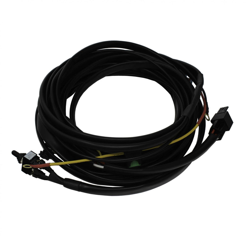 Baja Designs LP6/LP9 Pro 2-Light Max Wiring Harness, whole product on a studio background: coiled black two-light harness with switch, yellow lead and connectors on white