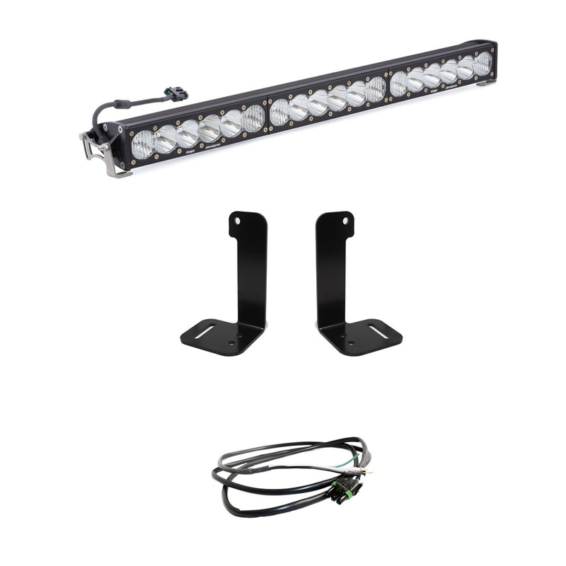 Baja Designs OnX6+ 30" Bumper Light Kit, complete kit on a studio background: A 30" OnX6+ light bar on white with two upright bumper brackets and a short pigtail harness