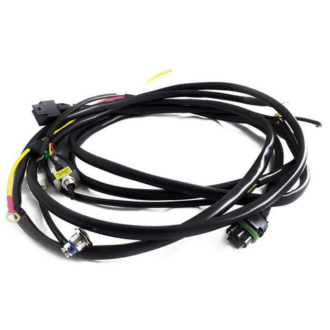 Baja Designs OnX6/Hybrid/Laser/S8 w/Mode Switch (1 Bar) Wiring Harness, whole product on a studio background: coiled black single-bar wiring harness with relay, yellow lead, switches and connector on white
