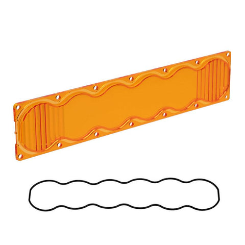 Baja Designs OnX6 Light Bar Lens Kit, complete kit on a studio background: an orange amber OnX6 light bar lens with fluted end sections and a black wavy gasket, shown at an angle on a white background