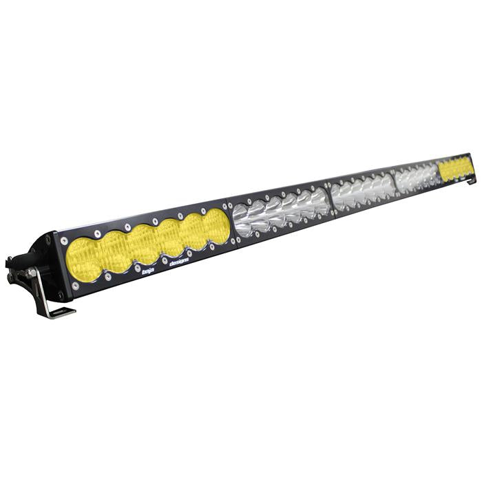 Baja Designs OnX6 Straight Dual Control LED Light Bar, whole product on a studio background: long black straight Baja Designs LED light bar with amber and clear lens sections and end mounting brackets on a white background