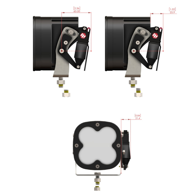 Baja Designs REFLEX Light Actuator Kit, XL Standard Housing: line drawing of the REFLEX actuator on XL pod housings with red dimension callouts
