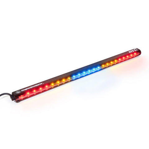 Baja Designs RTL LED Rear Light Bar, whole product on a studio background: long RTL LED rear light bar lit red and amber at the ends with a blue center section on a white background