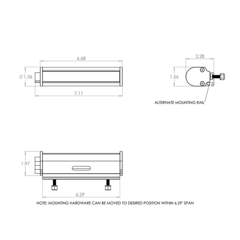 Baja Designs RTL-M Mini LED Rear Light Bar: line drawing with dimensions of the RTL-M mini rear light bar and its alternate mounting rail
