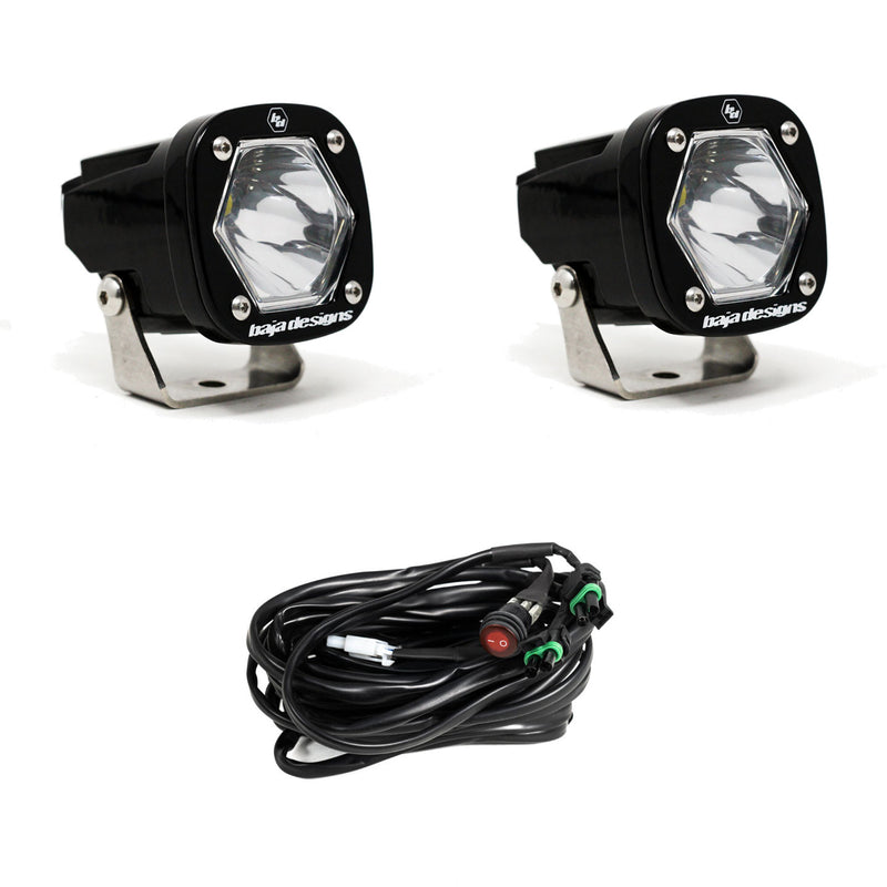 Baja Designs S1 Black LED Auxiliary Light Pod Pair, whole product on a studio background: pair of black S1 pods, clear spot lenses, with switch harness on a white background