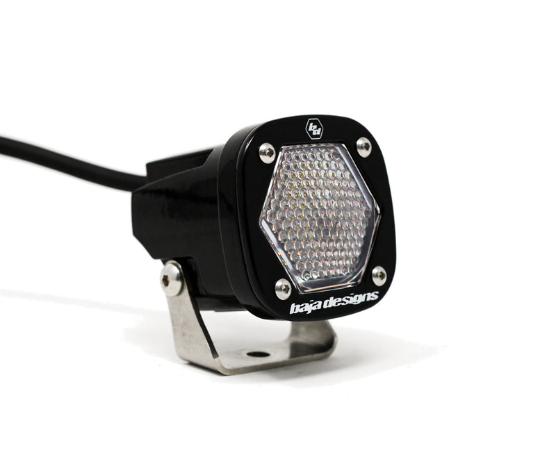 Baja Designs S1 Black LED Auxiliary Light Pod, whole product on a studio background: single black S1 pod with a clear textured work scene lens on a stainless bracket on white