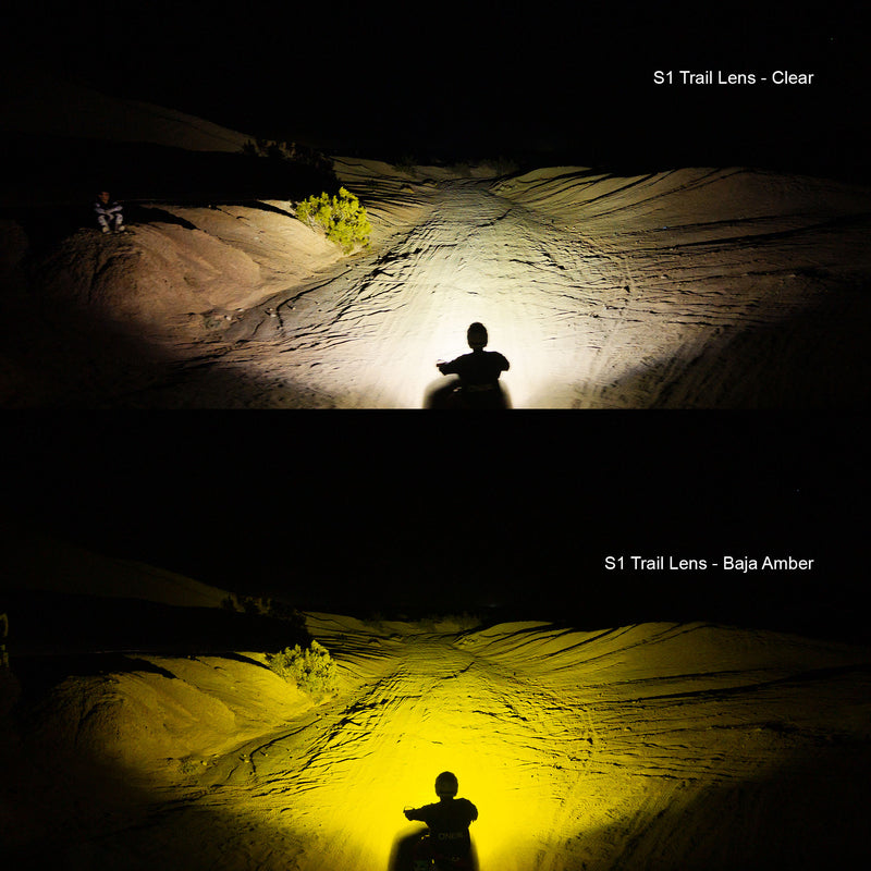 Baja Designs S1 Black LED Auxiliary Light Pod: two night beam shots of a dirt trail comparing a clear and an amber trail lens