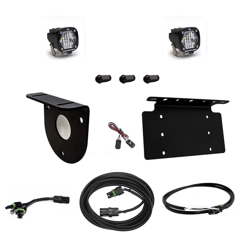 Baja Designs S1 Dual Reverse Light Kit, complete kit on a studio background: pair of S1 pods with a spare-tire bracket, license plate bracket, spacers and cables on white