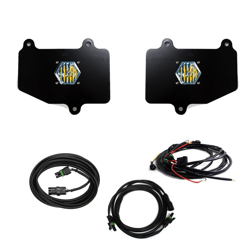 Baja Designs S1 Dual Reverse Light Kit, complete kit on a studio background: two black mounting plates with flush hexagonal S1 pods, a wiring harness and two extension cables on white