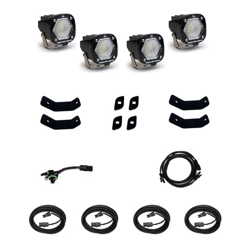 Baja Designs S1 Roof Rack Rail Kit, complete kit on a studio background: four S1 pods