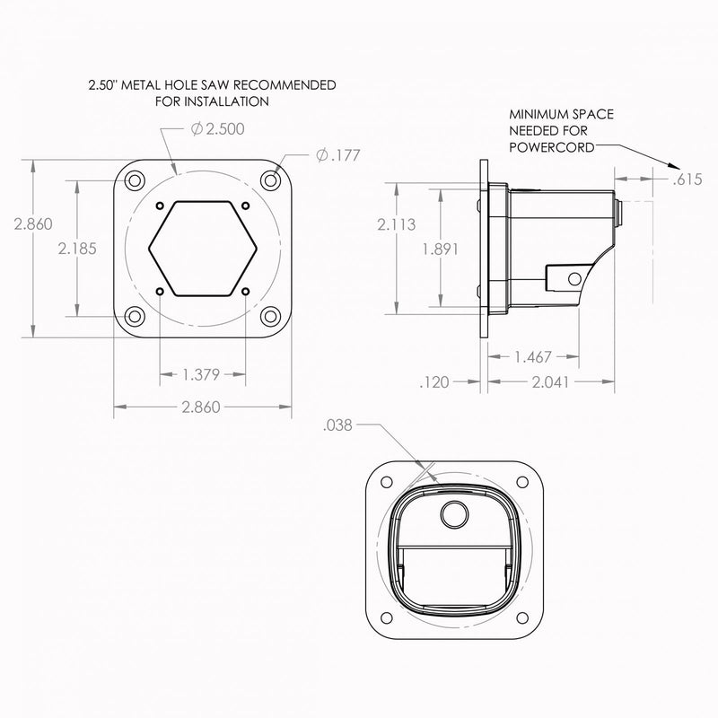 Baja Designs S1 White Flush Mount Auxiliary Light Pod: line drawing of the S1 pod with dimension callouts and harness connector