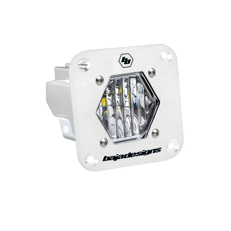 Baja Designs S1 White Flush Mount Auxiliary Light Pod, whole product on a studio background: white S1 flush mount pod, clear wide cornering lens on a white background