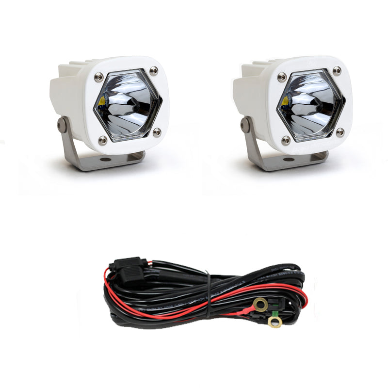 Baja Designs S1 White LED Auxiliary Light Pod Pair, whole product on a studio background: pair of white S1 pods, clear spot lenses, with harness on a white background