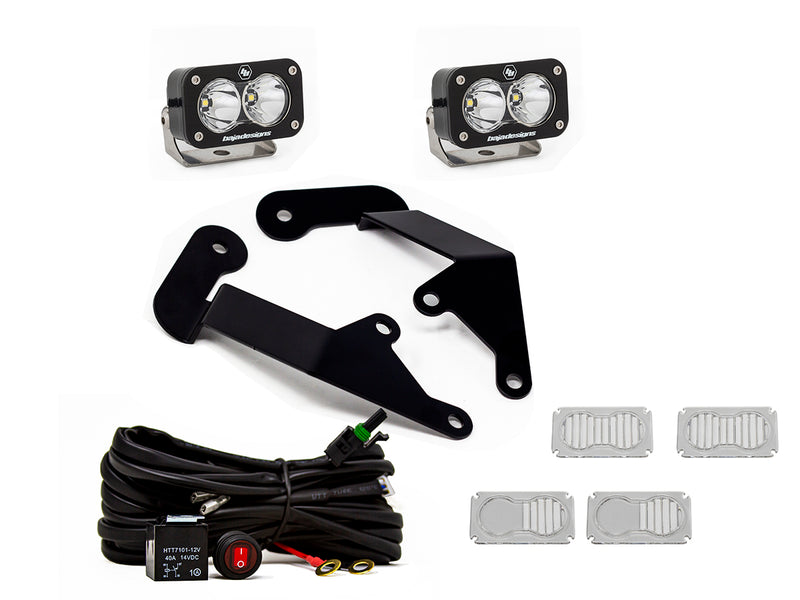 Baja Designs S2 Pro A-Pillar Light Kit, complete kit on a studio background: two black S2 pods