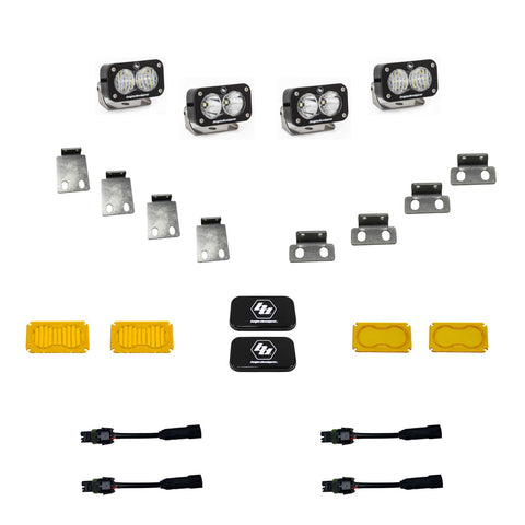 Baja Designs S2 Pro Dual Fog Pocket Light Kit, complete kit on a studio background: four black S2 Pro pods