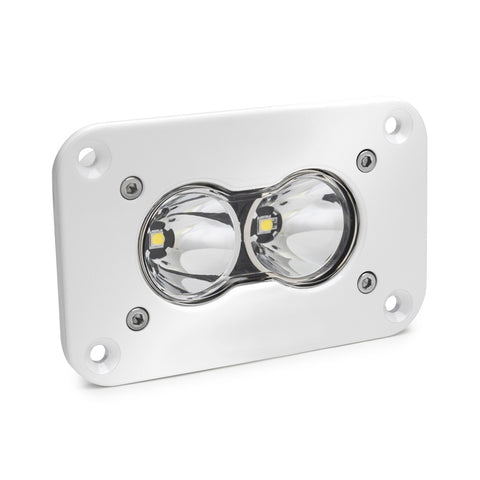 Baja Designs S2 Pro White Flush Mount LED Auxiliary Light Pod, whole product on a studio background: A white S2 Pro flush mount LED pod with a clear spot lens and a flat mounting flange