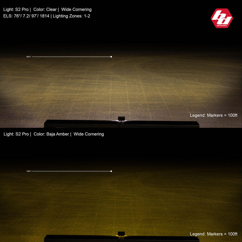 Baja Designs S2 Pro White LED Auxiliary Light Pod: two stacked night beam-pattern shots comparing the clear and Baja Amber S2 Pro Wide Cornering beams on open ground with 100' distance markers