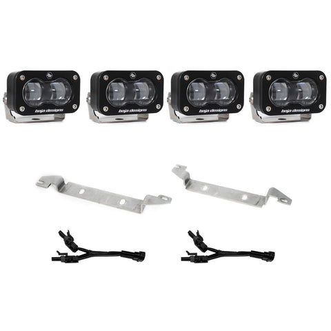 Baja Designs S2 SAE OEM Fog Light Replacement Kit, complete kit on a studio background: four black S2 SAE fog pods