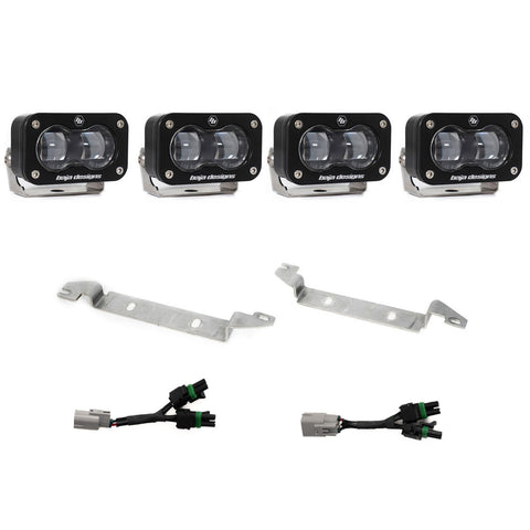 Baja Designs S2 SAE OEM Fog Light Replacement Kit, complete kit on a studio background: four black S2 SAE fog pods