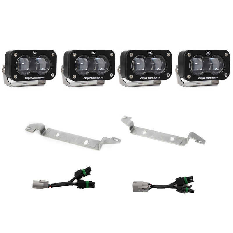 Baja Designs S2 SAE OEM Fog Light Replacement Kit, complete kit on a studio background: four black S2 SAE fog pods