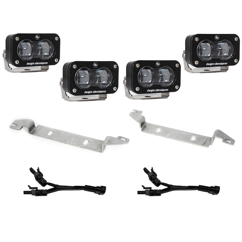 Baja Designs S2 SAE OEM Fog Light Replacement Kit, complete kit on a studio background: four black S2 SAE pods